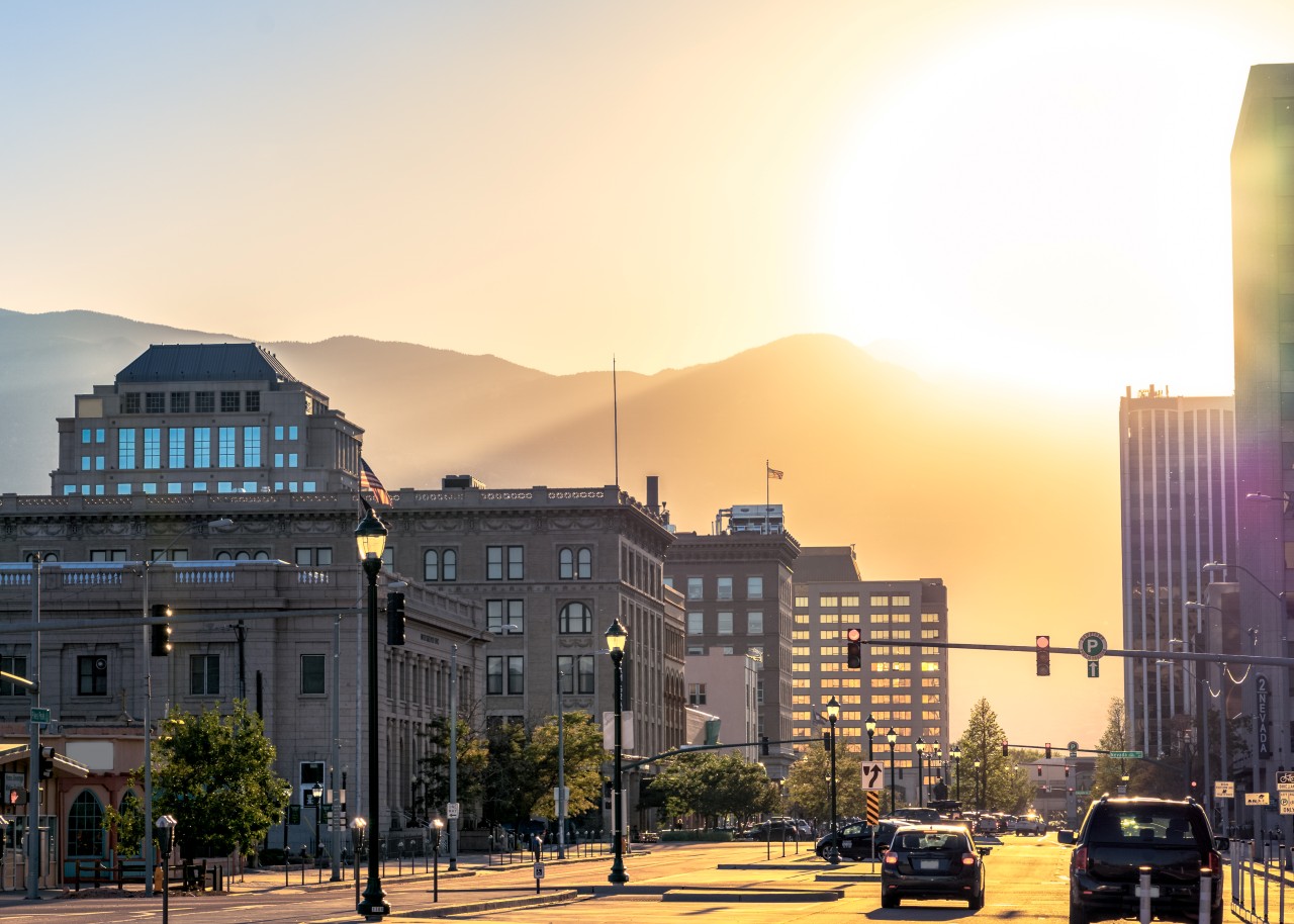 Colorado Springs downtown street view at sunrise