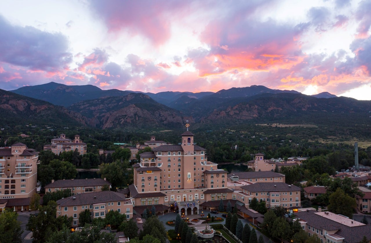 Drone shot of Broadmoor Hotel in Colorado Springs